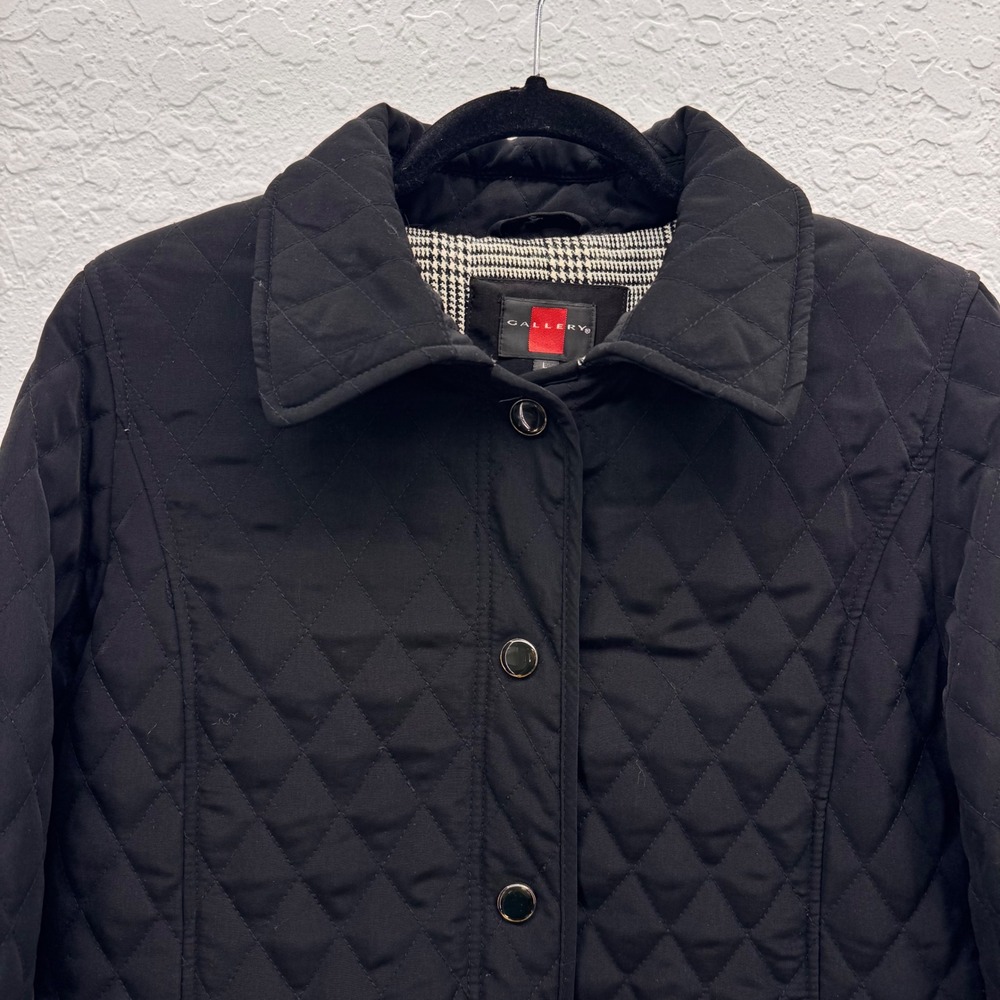 Gallery Womens Black Diamond Quilted Snap Front Jacket Houndstooth Lining Large